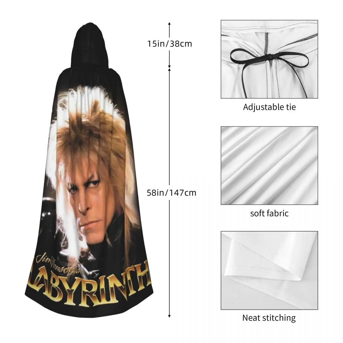 Jareth ملك العفاريت الوقاية في متاهة طويلة مقنعين عباءة الساحرة القرون الوسطى زي تأثيري كيب هالوين مصاص دماء