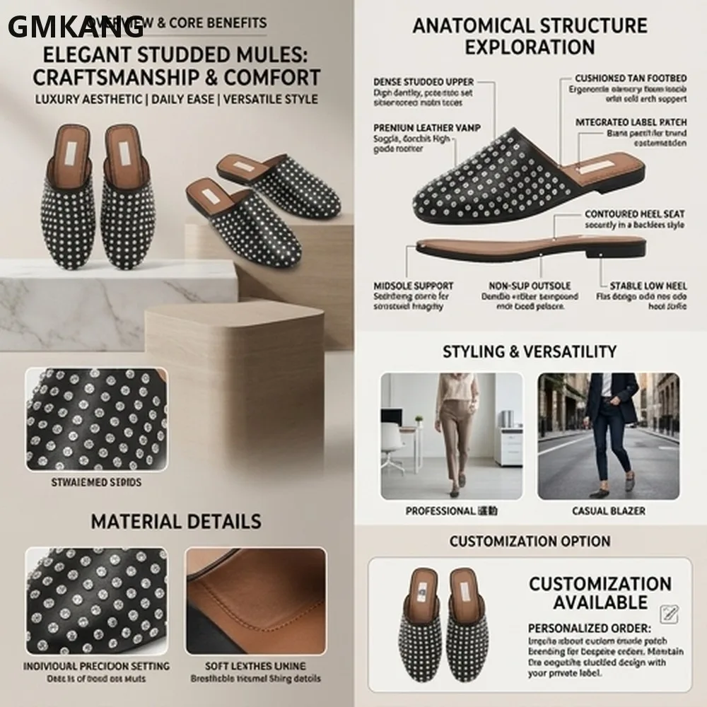 Genuine Leather Flat Mules for Women Summer Rhinestone Slides Open Toe Casual Comfort Half Slippers GMKANG