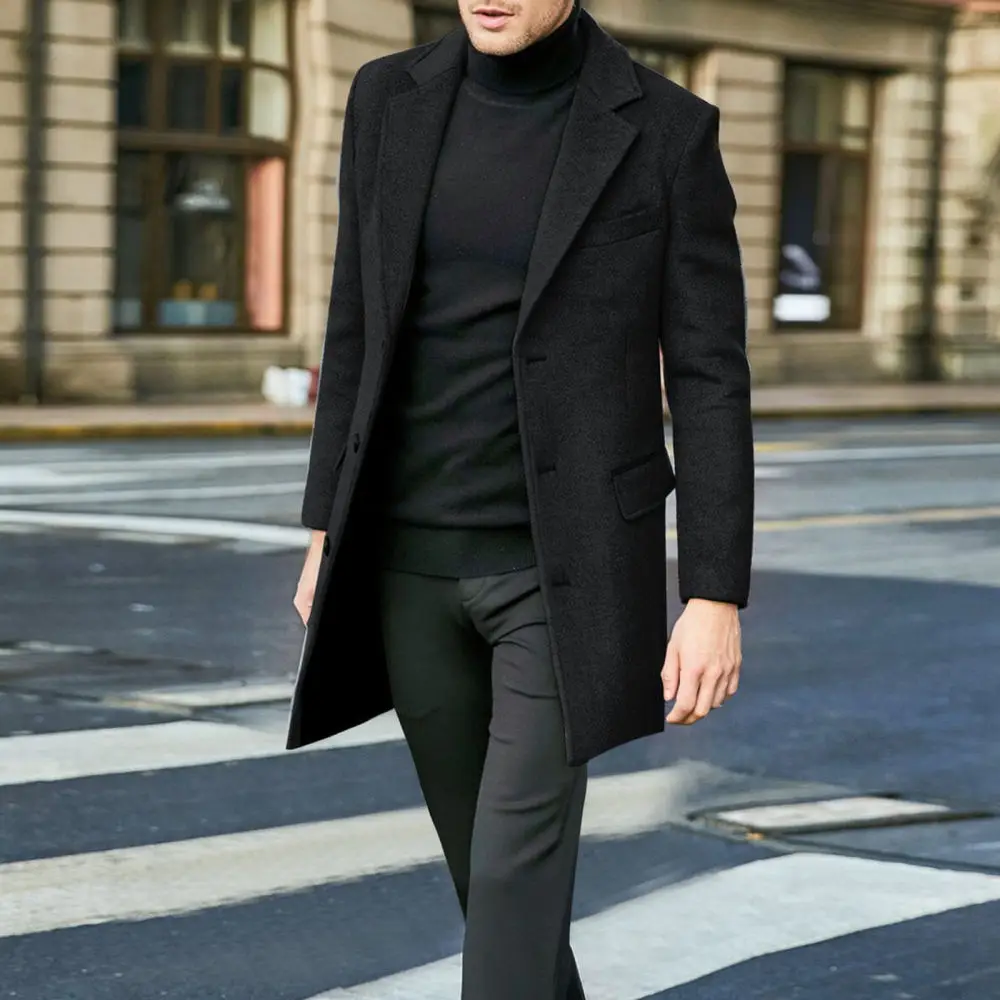 Mens Trench Coat Wool Blend Overcoat Autumn Winter Single Breasted Slim Fit Business Casual Stylish Warm Jacket