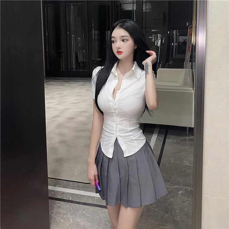 MEXZT Short Sleeve Shirt Women Sexy Slim White Button Blouse Office Lady Korea Fashion Summer Chic Turn Down Collar Shirts Top