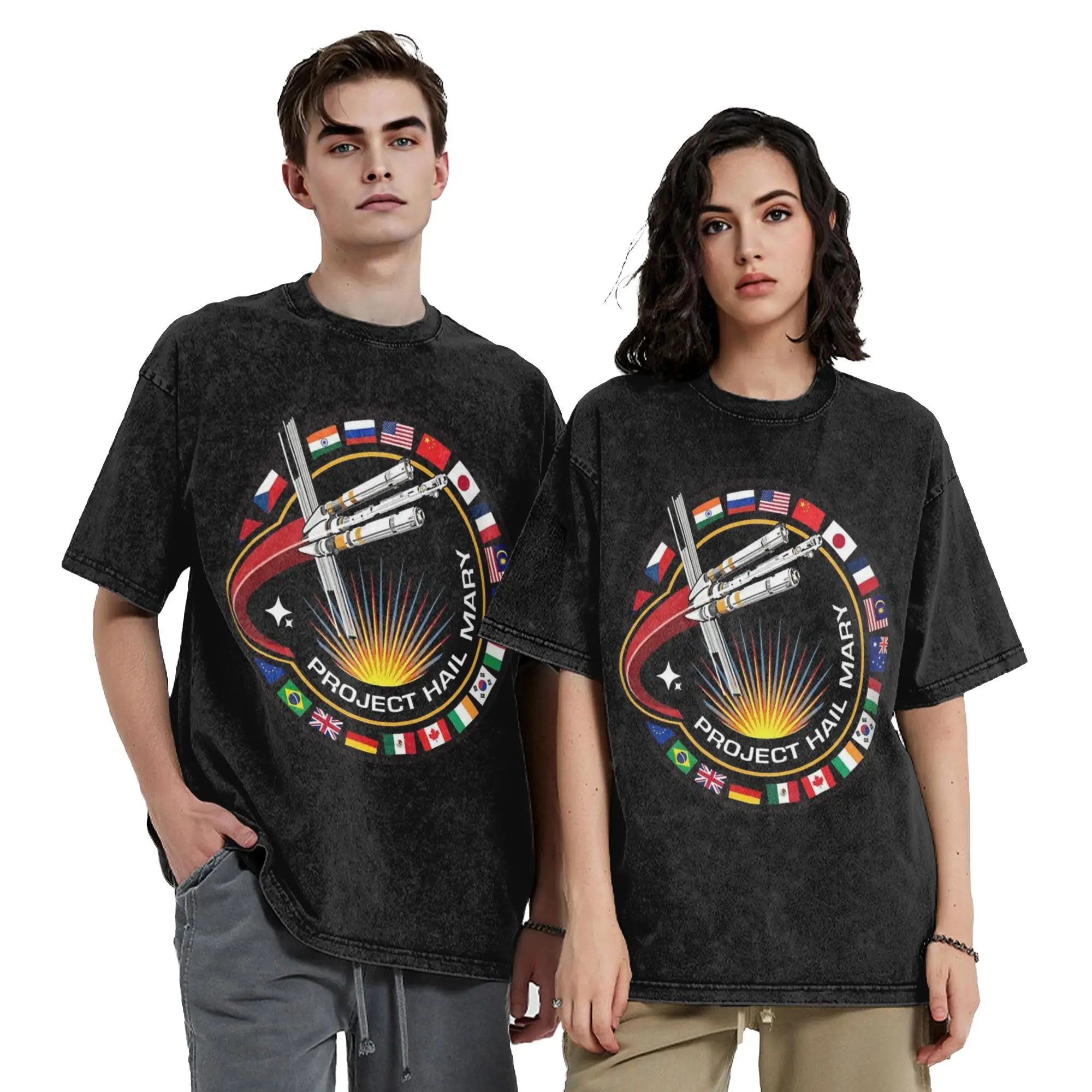 Project Hail Mary Mission Patch With Countries Washed T Shirts  T-Shirts Tees for Men Women Short Sleeve Graphic Printed