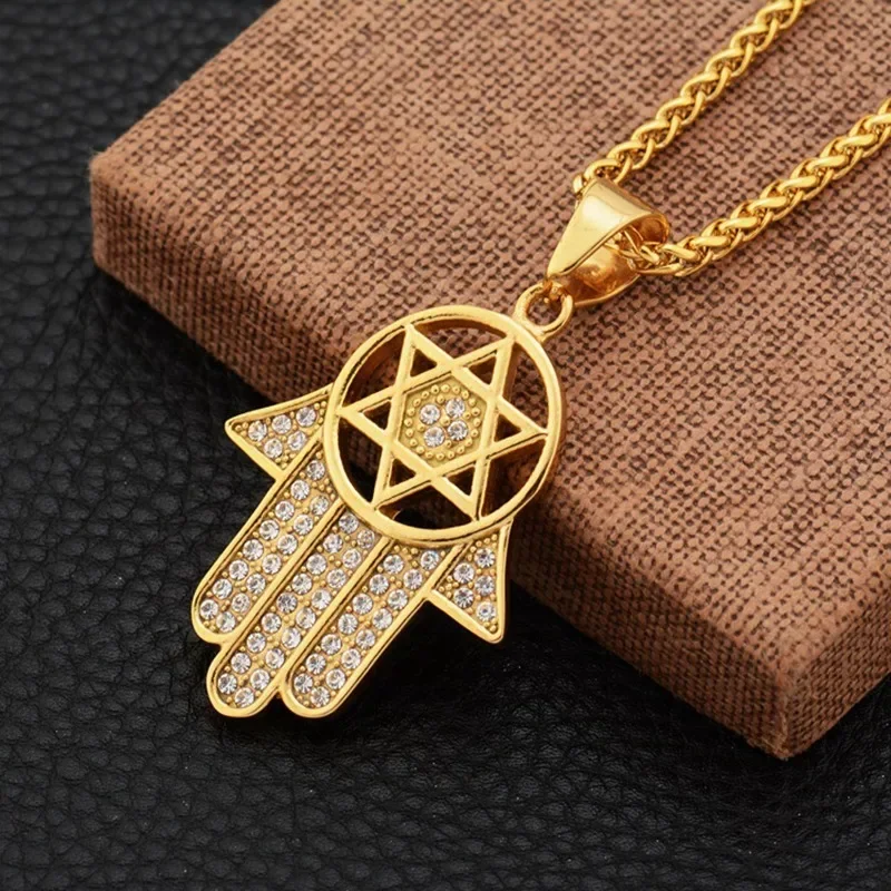 Hip Hop Jeweish Star Of  David Hasma Hand Of Fatima Pendant Necklaces Gold Color Stainless Steel Chains For Women Men Jewelry