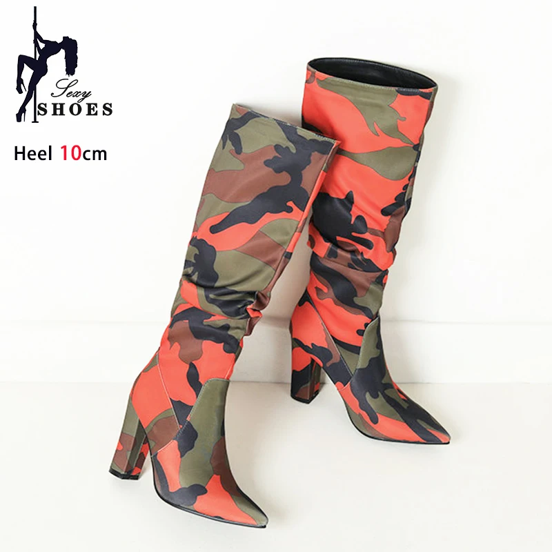 

Autumn Winter Pointed Toe Knee-high Boots 2024 New Fashion Pleated 10CM Camouflage Women Shoes Female High Heels Long Botas 43