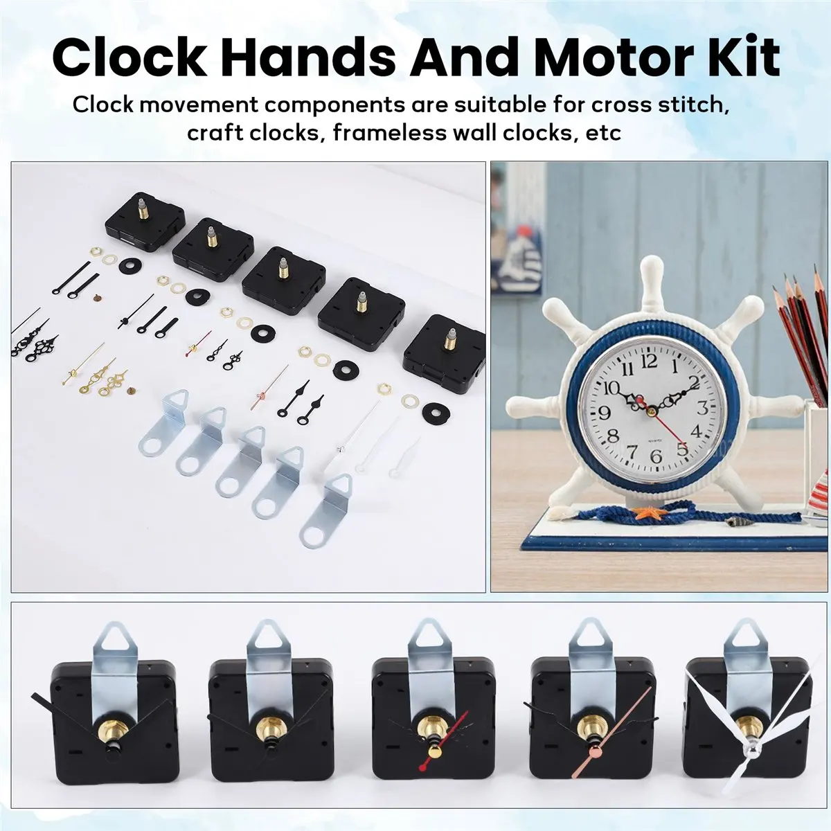 Exquisite- 5 Pcs Clock Movement Mechanism Parts Silence Quartz DIY Wall Clock with 7 Different Pairs Clock Hands Replacement Kit