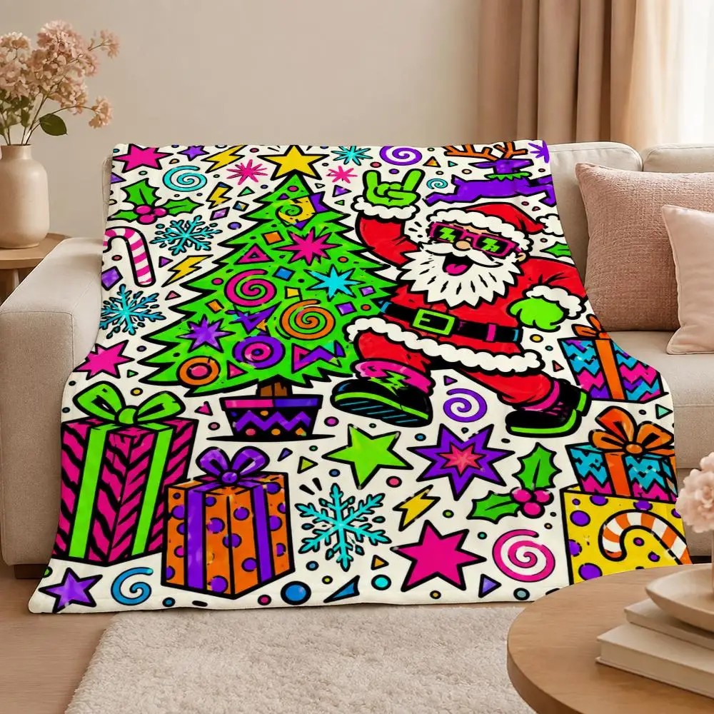 Psychedelic Christmas Santa Neon Graffiti Art Throw 320g Soft Flannel Fleece Throw Blanket Cover Sofa Bed Dorm Nap Gift