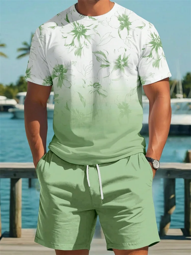 

Новый мужской костюм 2025 года с зелеными художественными цветочными принтами, дышащий и удобный, летняя уличная модная повседневная одежда