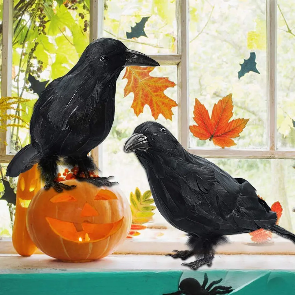 6PCS/Set Halloween Ornament Faux Black Feathered Crows For Home And Garden Deco Simulated Black Crow