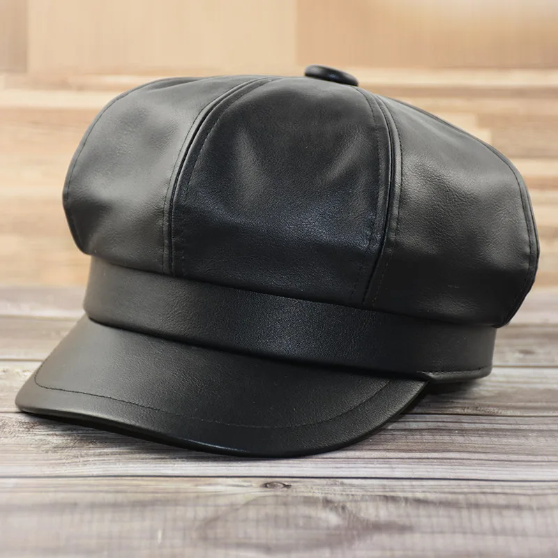 54-62cm Big Head Plus Size 8 Panels Newsboy Caps for Women PU Leather Cabbie Painter Hat Gatsby Ivy Beret Octagonal Cap