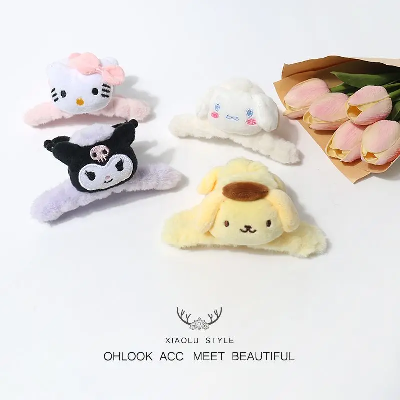Kawaii Sanrio My Melody Hairpin Clip Cute Kuromi Cinnamoroll Pompompurin Cartoon Plush Hair Accessories Claw  Headwear Girl
