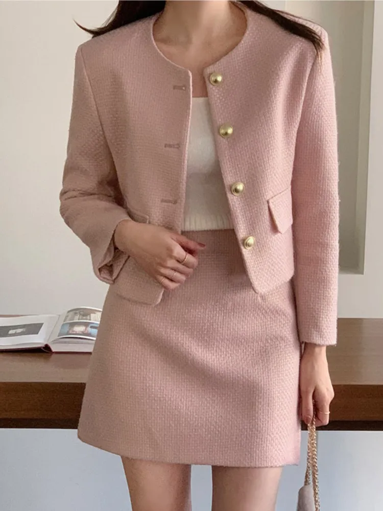 Autumn Winter Elegant Fashion Small Fragrance Tweed Two Piece Set for Women O-neck Jacket Coat+A-line Skirt Suits Korean Outfits