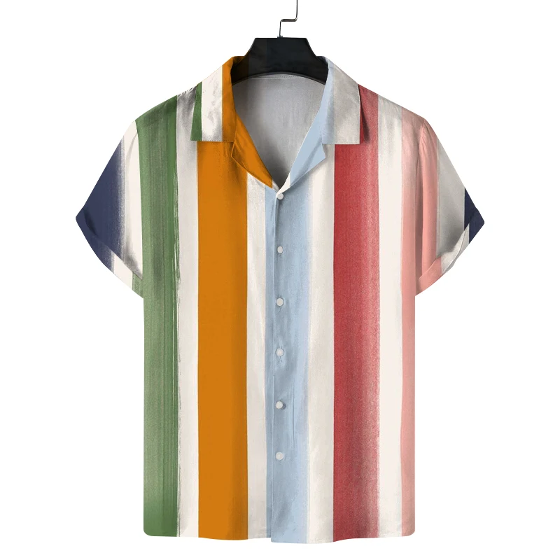 

Men's summer Cuban collar short-sleeved shirt with striped print and wide stripes, popular, casual, comfortable and versatile