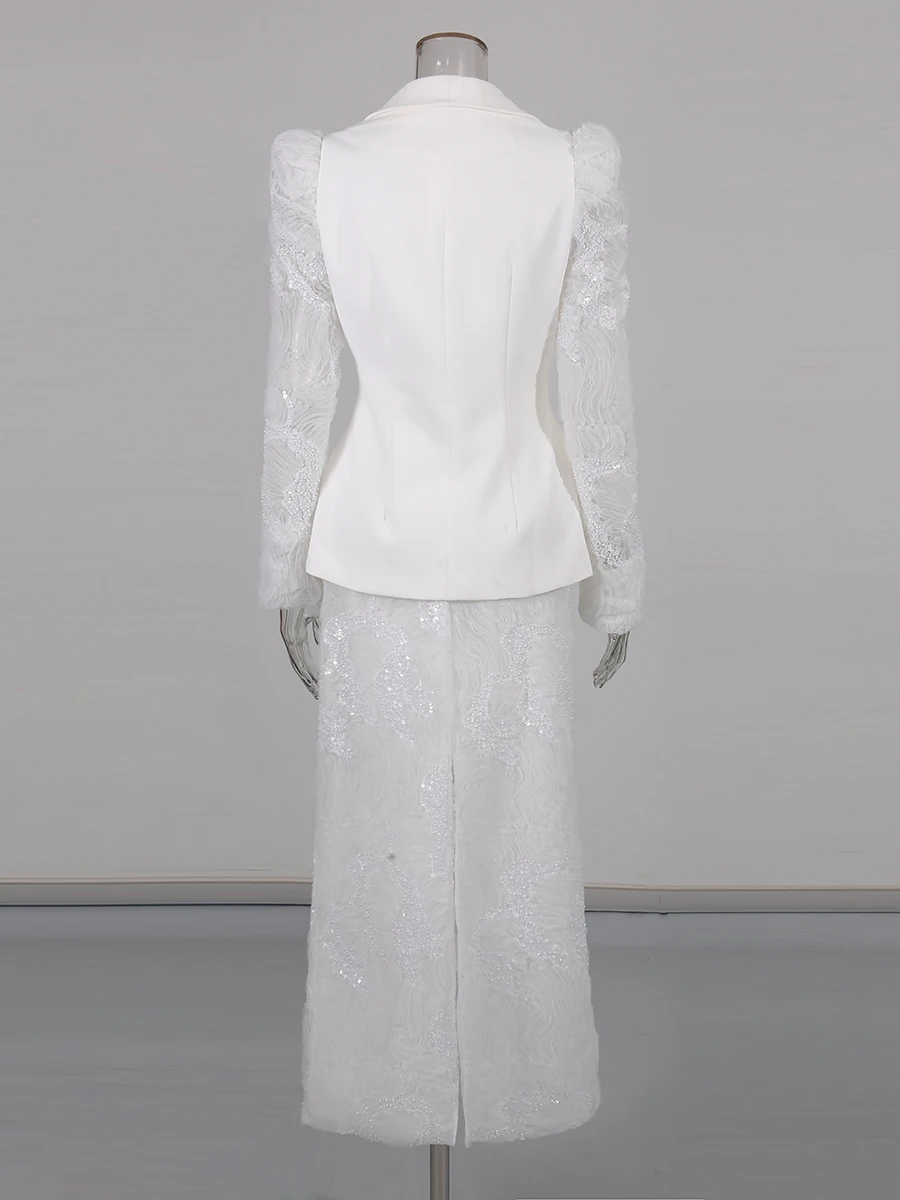 TWOTWINSTYL solide épissé paillettes deux pièces ensembles pour femmes revers manches longues tunique veste taille haute jupe élégant ensemble femme