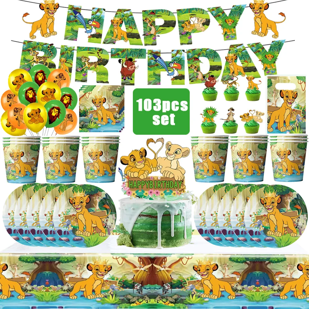 

Lion King Simb Birthday Party decor Disposable Tableware Cup Plate Napkin Tablecloth Cake Topper Banner for Kids Party Supplies