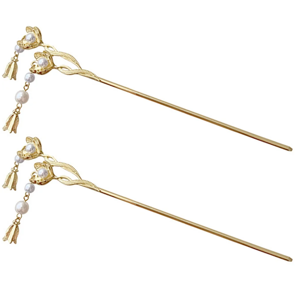 

2 Pcs Pearl Flower Hairpin Stick Chinese Sticks Chopsticks Fork Forks Women Metal Alloy Buns Bride