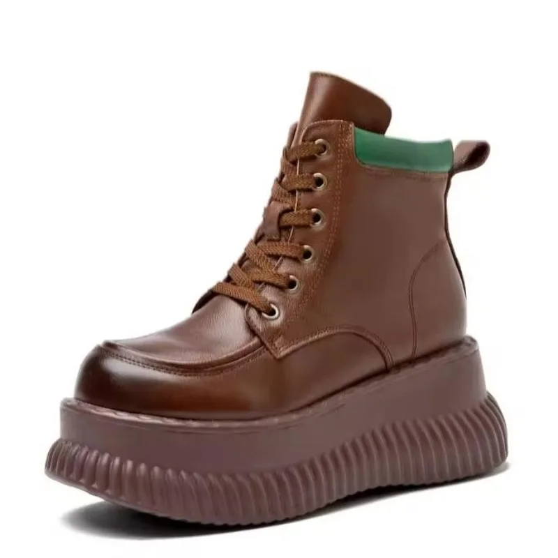 

7cm Cow Natural Genuine Leather Chunky Heels Women Spring Big Toe Flats Shoes Platform Wedge Ankle Booties Autumn