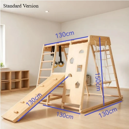 Standard Version，Indoor Wooden Climbing Play Set, Toddler Climber with Slide, Swing and Gym Rings for Home Kindergarten Exercise