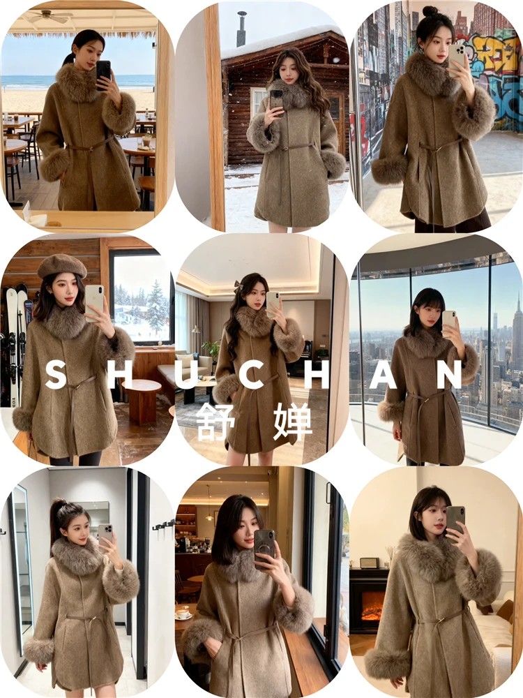 Cappotto in lana 70% da donna Nuovo caldo collo in pelliccia di lana double face Sciarpa rimovibile in pelliccia naturale di volpe