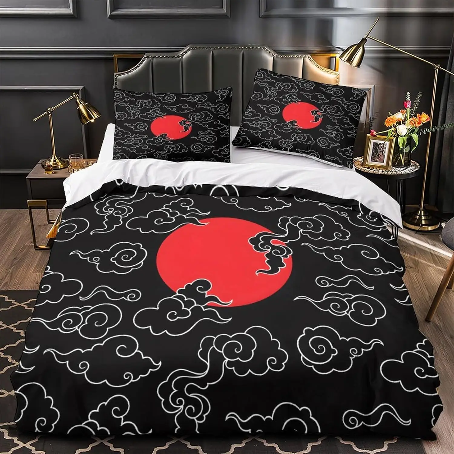 Anime Red Sun Bedding Set 140x200cm With 1 Pillowcase Black Red Pattern Teen Room Dorm Student Gift Duvet