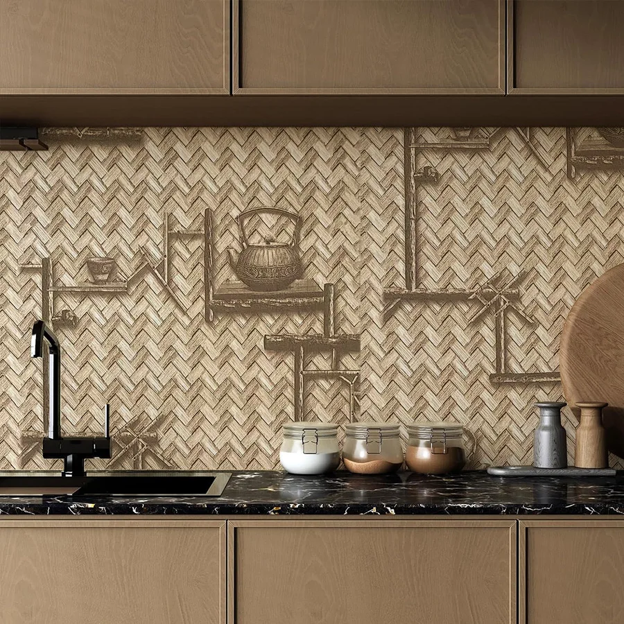 Retro Bamboo Woven PVC Self-adhesive Wallpaper Kitchen Countertop Cabinet Renovation Foyer DIY Landscape Wall Stickers