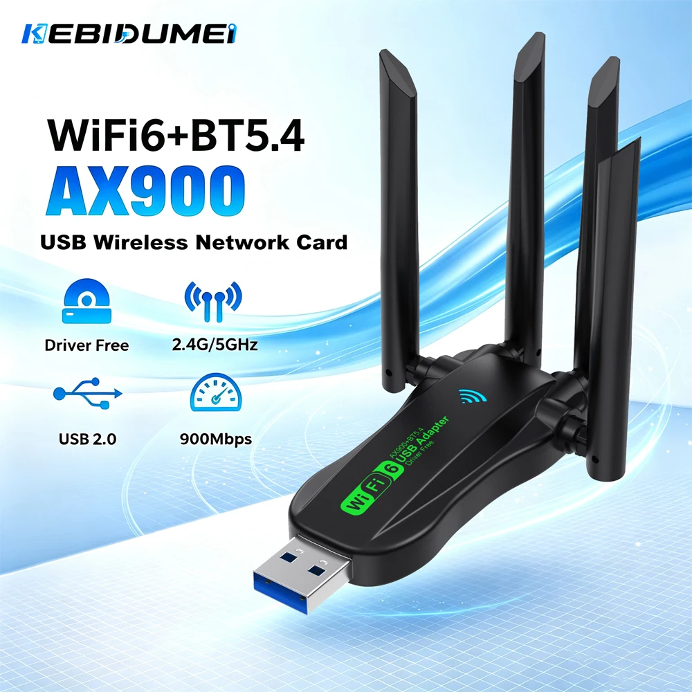 KEBIDUMEI 900Mbps WiFi 6 Network Card 2.4Ghz/5Ghz Bluetooth 5.4 Wi-Fi Dongle AX900 USB 4-Antenna Wireless Receiver Driver Free