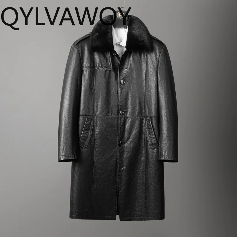 QYLVAWOY High-end Natural Cowhide Genuine Leather Jacket Men Winter Mid-length Real Fur Coat Man Detachable Mink Fur Liner Coats