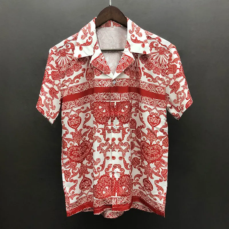 2023 Summer Hip Hop Plant Print Beach Shirts Men Harajuku Color Contrast Casual Short Sleeve Button Down Shirt  Hawaiian Shirt