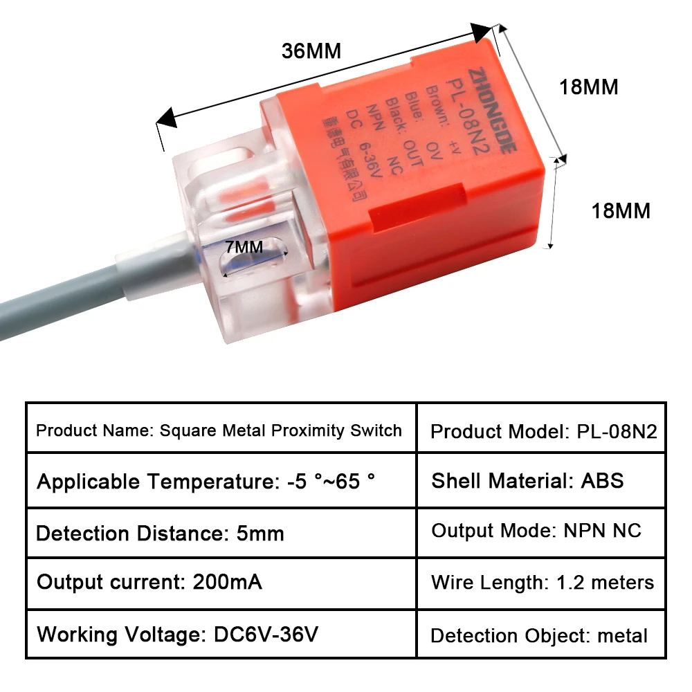 PL-08N2 Square Proximity Switch Inductive Sensor Metal Switch Three-wire NPN NC Closed DC 6V 36V