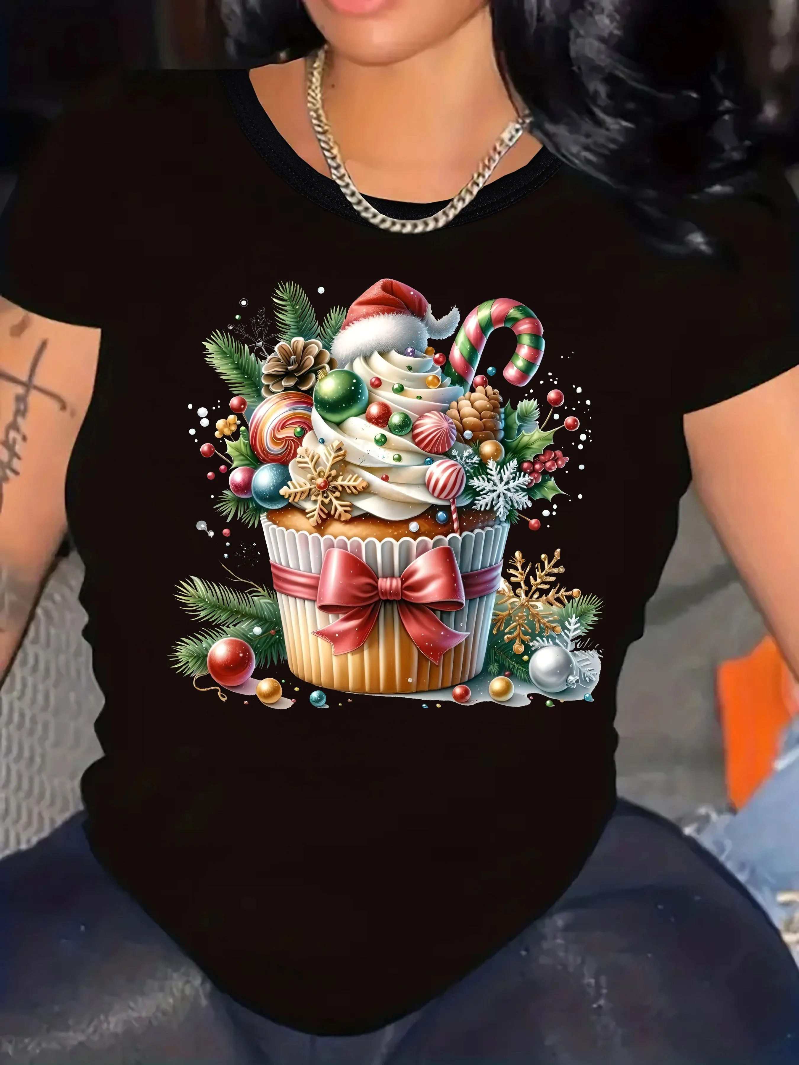 

Большая рождественская футболка в форме кекса с короткими рукавами, круглым вырезом, эластичный повседневный топ со праздничными декоративными принтами