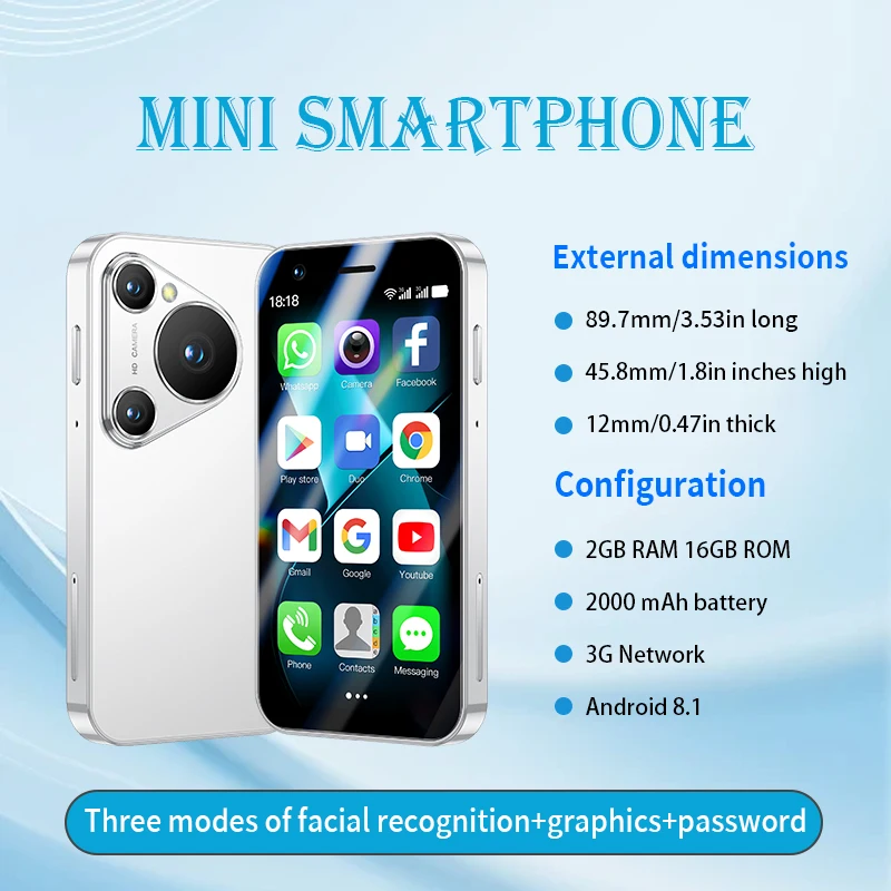 SOYES P70 Pro Max mini smartphone 3,0 pouces, 2 Go + 16 Go, téléphone Android, déverrouillage par reconnaissance faciale, batterie 2000 m, téléphone de poche