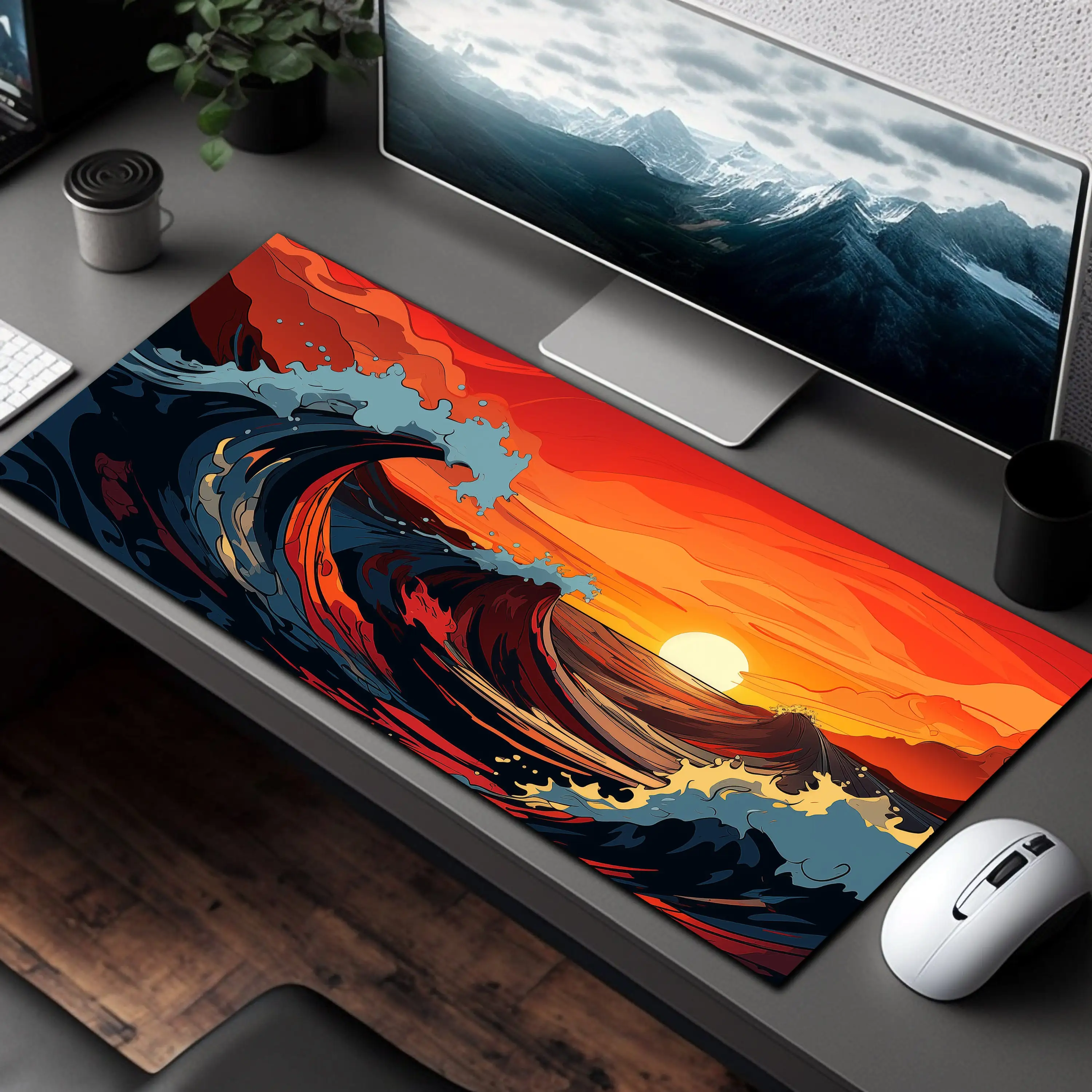 Red Ocean Waves, Sunset Sea View Art Deskmat,nautical Mouse Pad, Beach Office Decoration,beach Mouse Pad, Gaming Desk Decoration