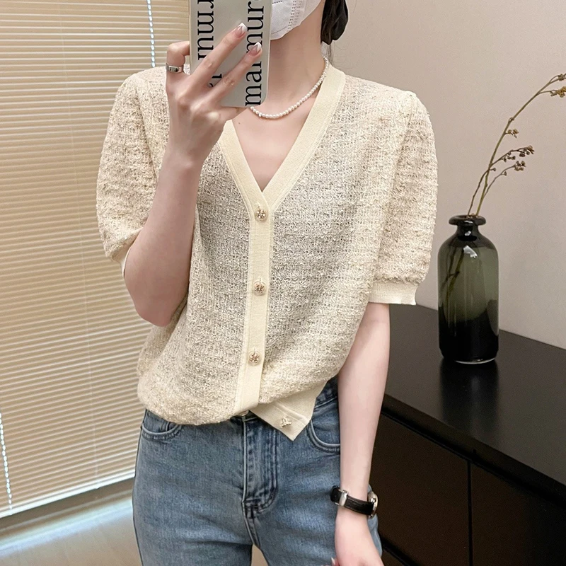 

Тонкий трикотаж для похудения ort Sve V-Ne, свободный крой на одной пуговице, летний модный женский повседневный топ Ele Sle