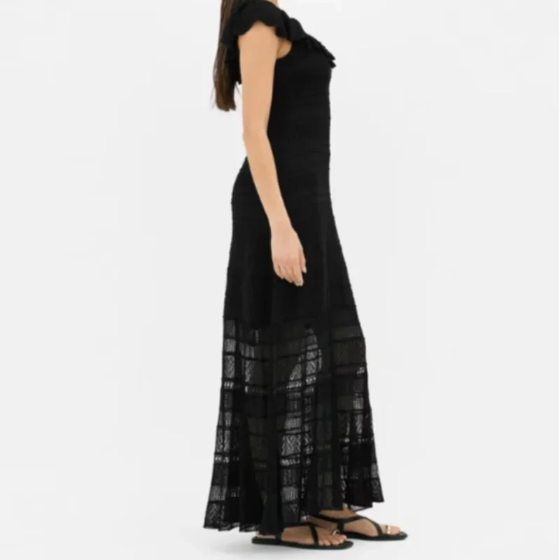 Women's Elegant Knitted Long Dress V-neck Ruffles See Through Elastic High Waist Vestidos 2025 New Summer Commuter Chic Clothing