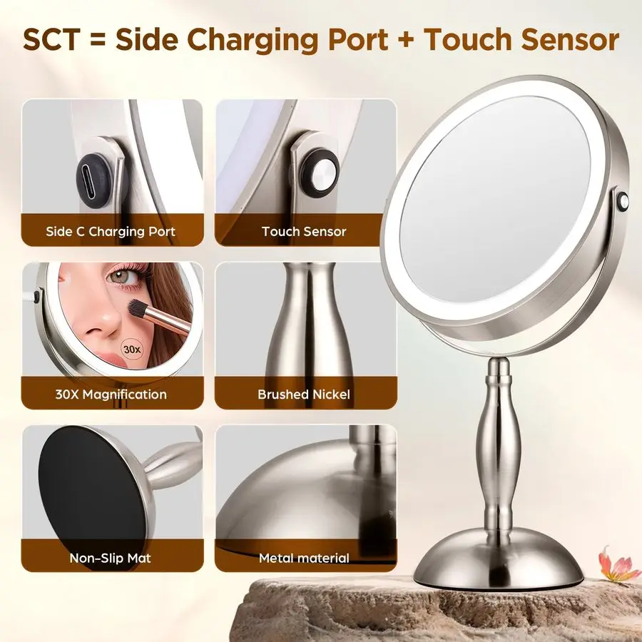 กระจกพร้อมไฟ, กระจกขยาย 30 เท่าพร้อมไฟ 3 สี, กระจกแต่งหน้าแบบหมุนได้ 360 องศา สีนิกเกิลขัดเงา ปรับความสว่างได้