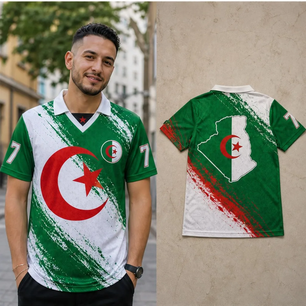Mens Half Polo V Neck T Shirt Algeria Brush Flag Number Seven Map Graphic Short Sleeve Casual Athletic Jersey Top Streetwear Tee