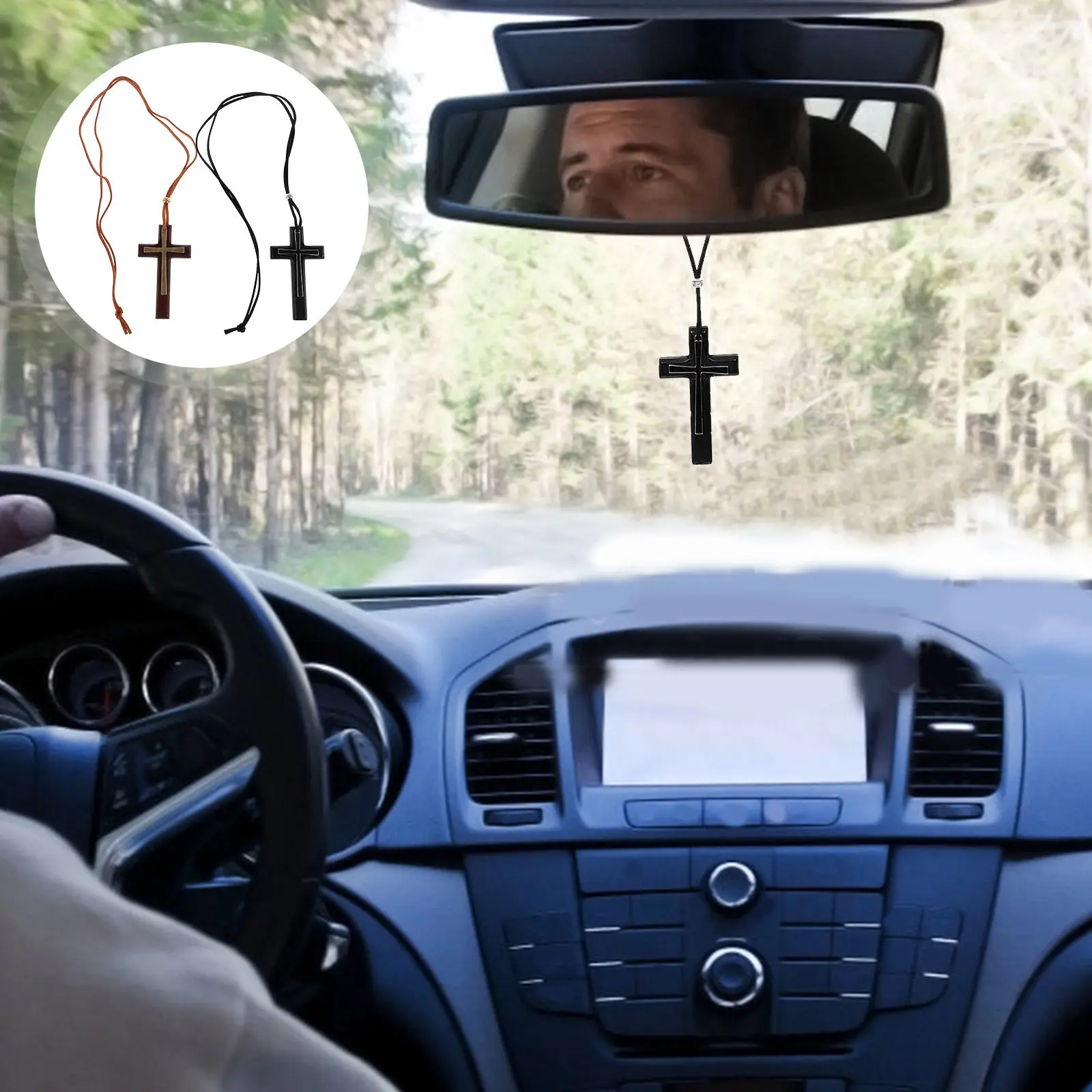

2Pcs Wooden Cross Rearview Mirror Ornaments Retro Handmade Car Hanging Charms Car Interior Decoration Accessories