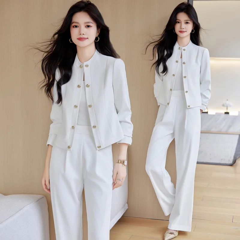 

White ort Wide Leg Pants Suit Women's Spring Autumn 2024 New Sle Small Size Wind Suit Jaet And Pants Set