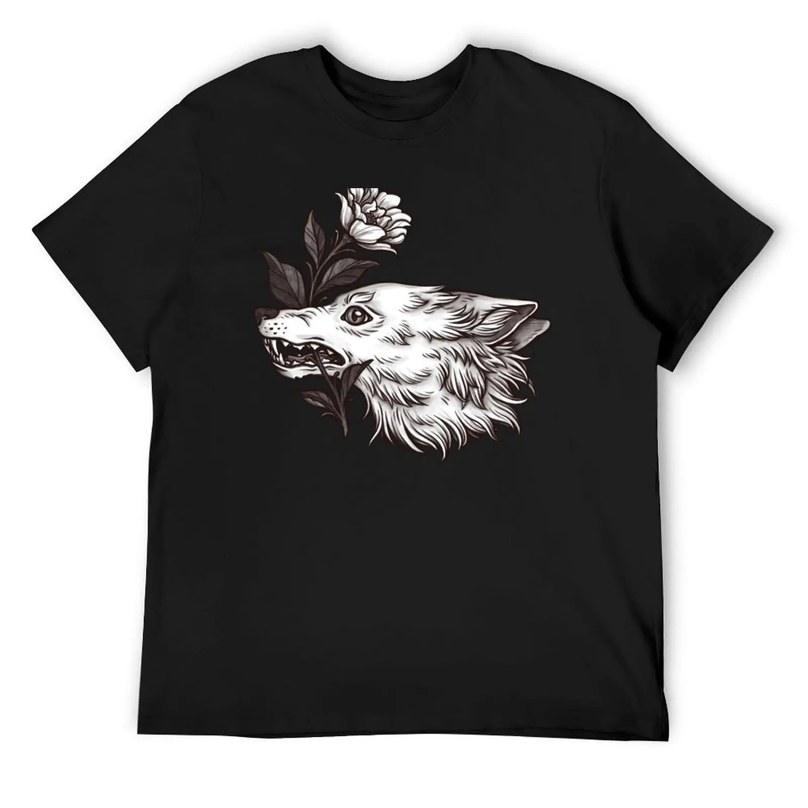 White Wolf Tattoo Sketch Oldschool Wolf Vintage Witchcraft Green Witch Forest Witch Wicca Cottagecore Fox Thieran Furry T-Shirt