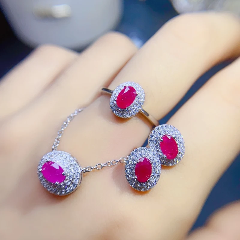 Natural Ruby jewelry sets for women rings earrings pendant silver 925  luxury gem stones 18k gold plated free shiping items image 4