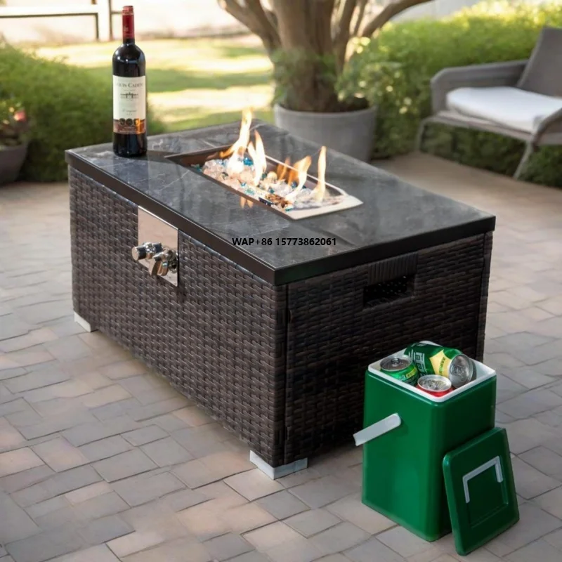 Propane Tabletop Fireplace Square Decorative Metal Fireplace with Wicker Base for Outside Patio Deck