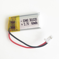 3.7V 60mAh Lithium Polymer LiPo Rechargeable Battery 301020 with JST 2Pin 1.0mm Plug For Mp3  Bluetooth Headset Speaker 3D Glass