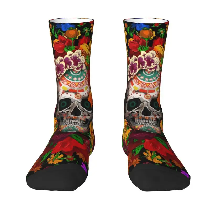 

Cool Men's Day Of The Dead Sugar Skull With Flower Dress Socks Unisex Breathbale Warm 3D Printing Mexican Floral Crew Socks