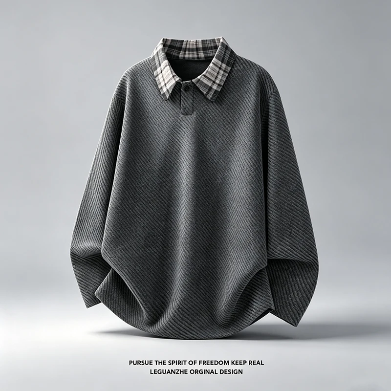 Herren-Polohemd mit Karomuster am Kragen, langärmelig, für den Herbst, aus strukturierter Strickware, lockere Passform, lässiges Oberteil, Kontrastkragen, ideal für den täglichen Gebrauch, Pullover. – Detail 6