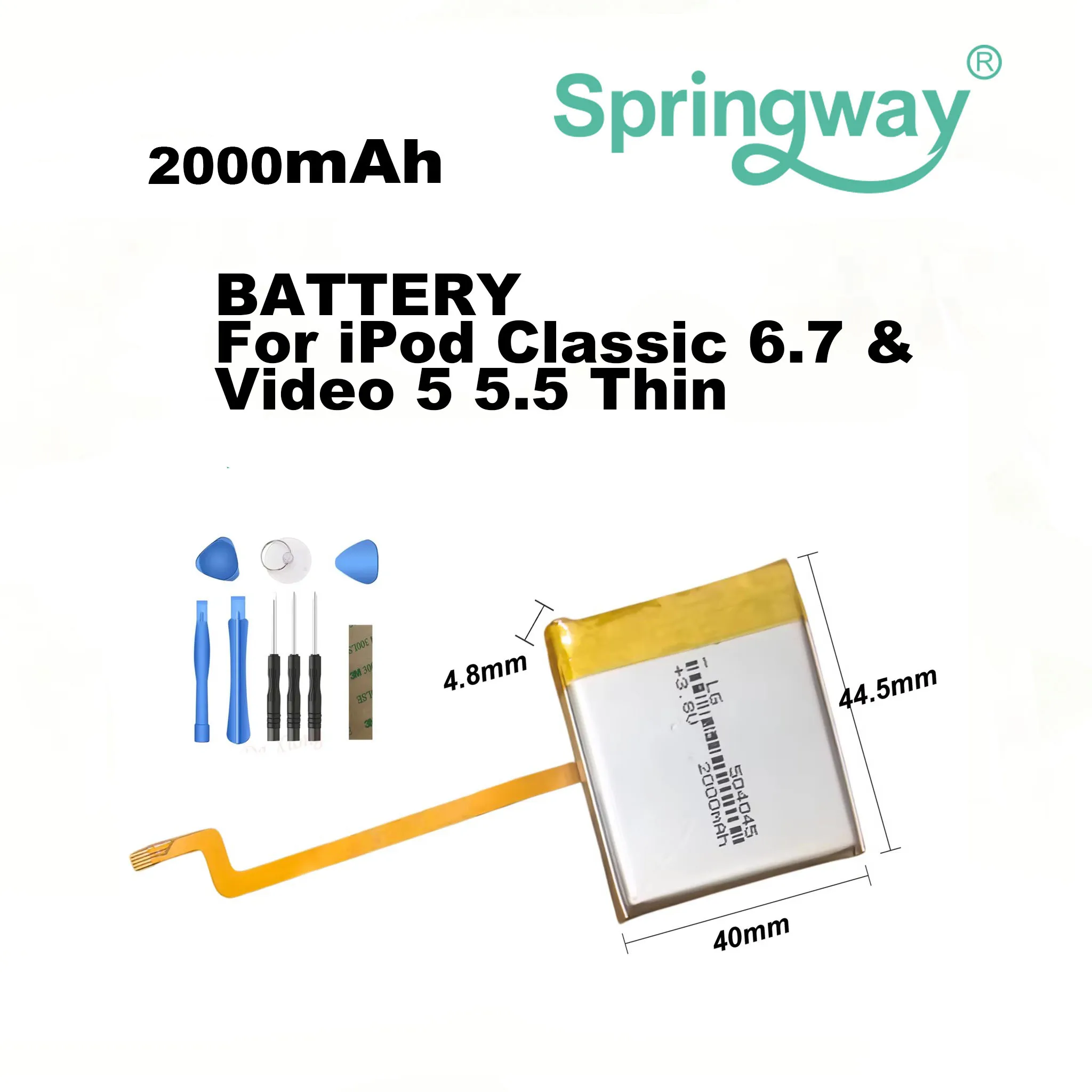Upgraded 2000mAh Square Polymer Battery Replacement for iPod Classic 6 7 Video 5 5.5 Thin with Full Disassembly Repair Tools