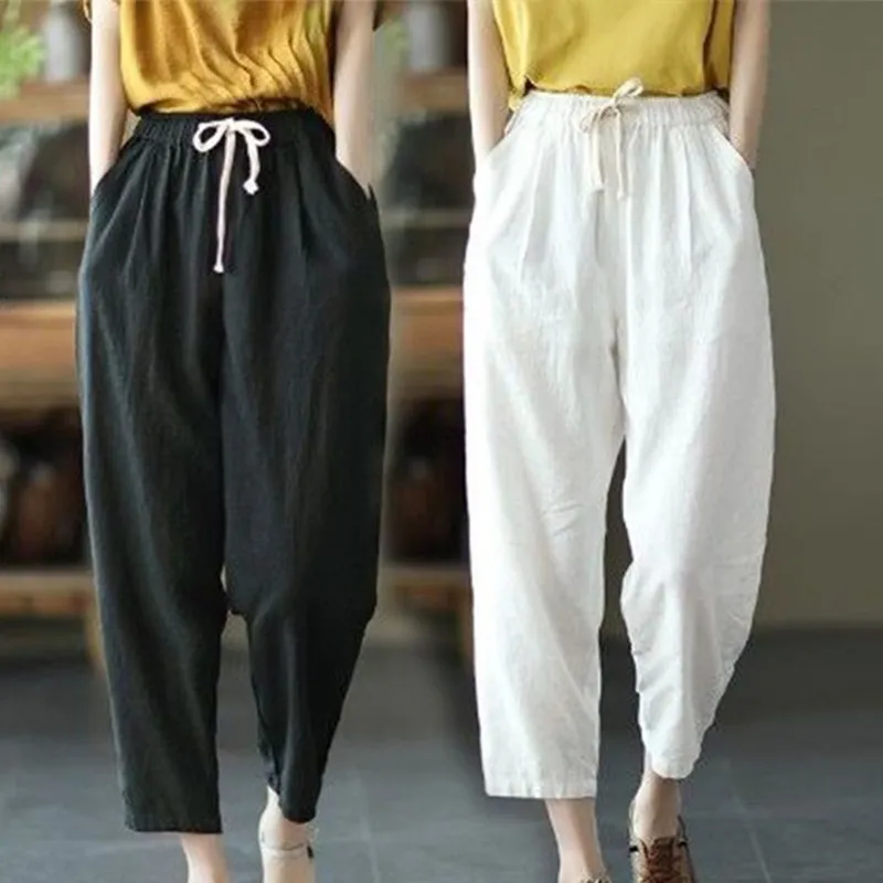 

2026 Women Casual Ankle-length Pants Lace-up Waist Loose Trousers Harem Pants Monochromatic Cotton Linen Spring Summer Pants 5XL