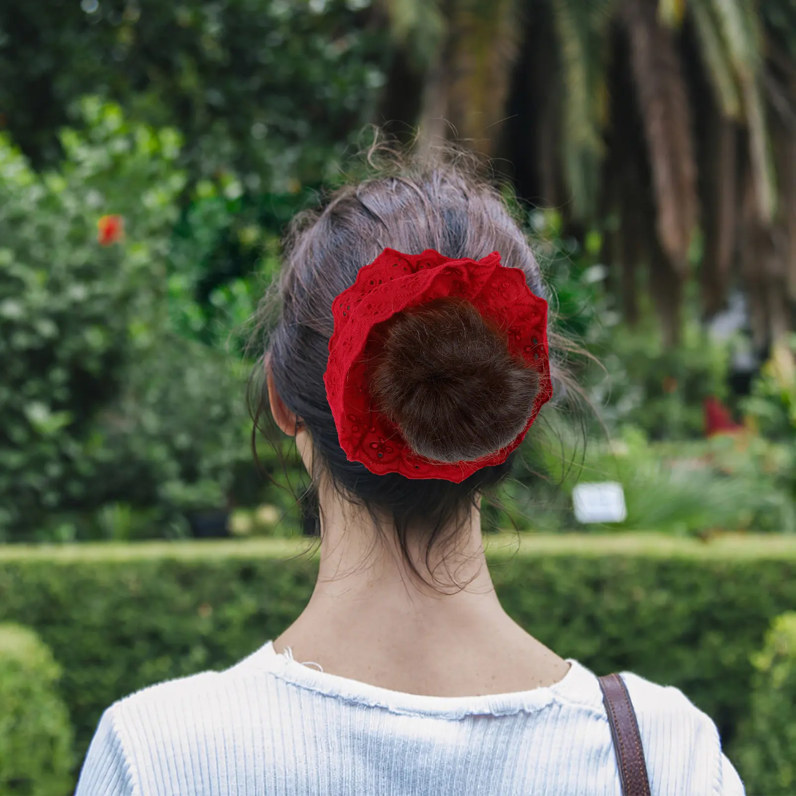 Red Floral Lace Scrunchies Large Double Layer Elastic Hair Bands for Women Ponytail Bun Styling Hair Rope Hairbands