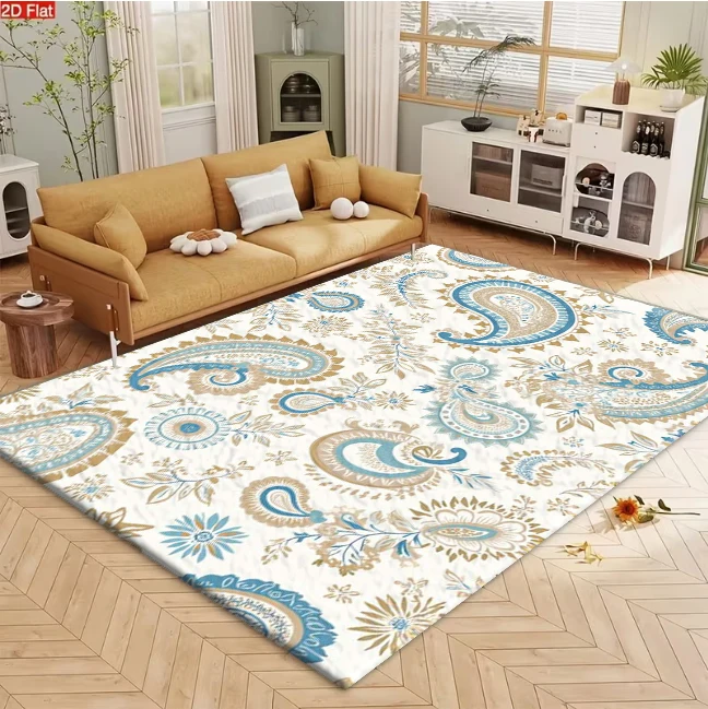 Cream Base Blue Gold Paisley Bohemian Floral Carpet Flooring, Retro Ethnic Repeating Pattern Area Rug for Living Room Bedroom Home Decor