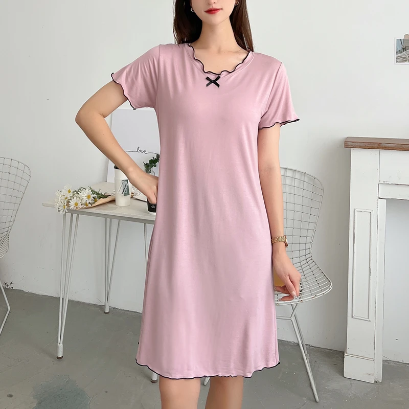 Loose Modal Sleep Dress Women Summer plus Size Nightgown Home Dress Short Sleeve V-Neck Mid-Length A-Line Skirt
