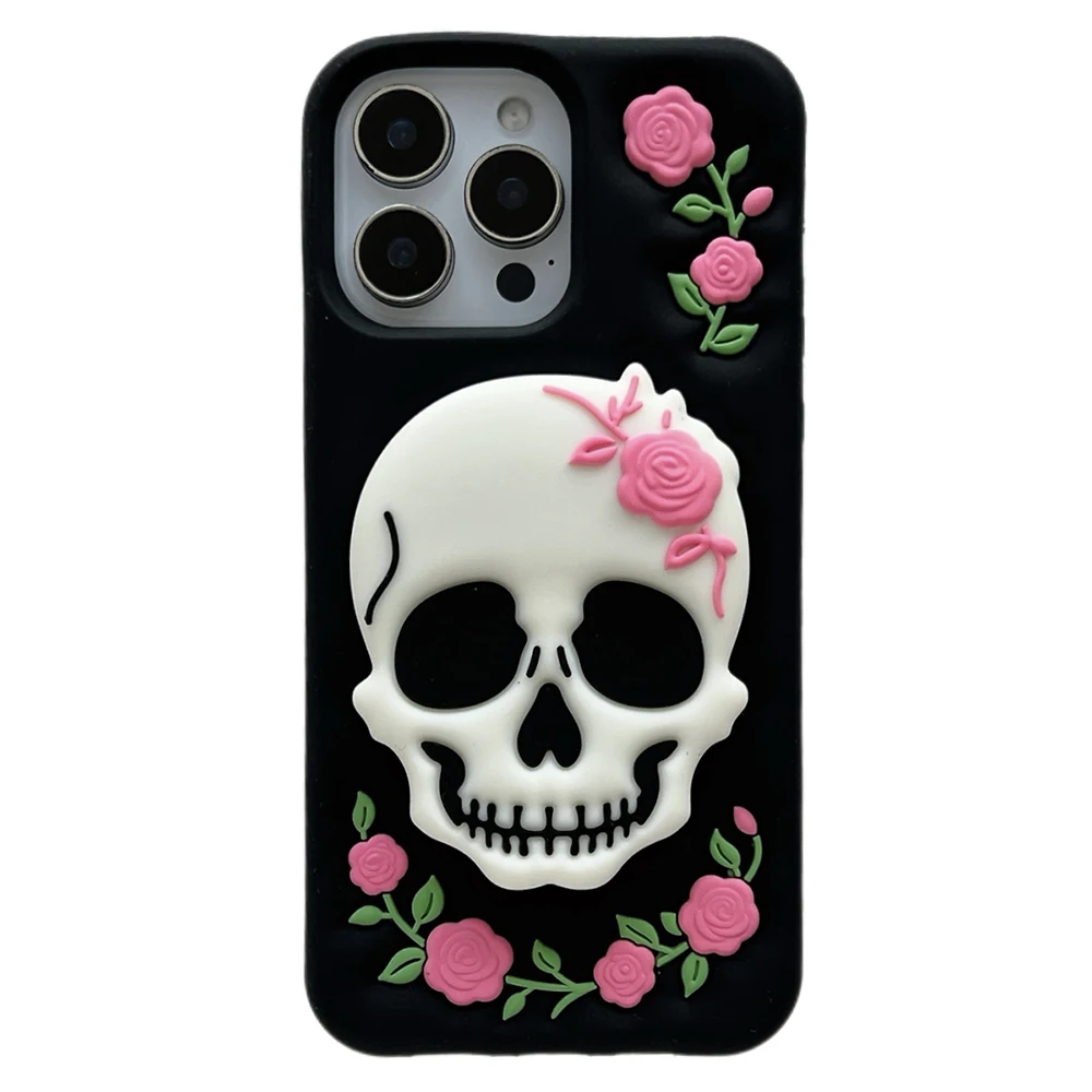 Lustige Halloween-Schädelhalterung, weiche Silikonhülle für iPhone 16 Plus 15 14 13 12 11 Pro Max, 3D-Cartoon-Ständerhalter-Abdeckung – Detail 11