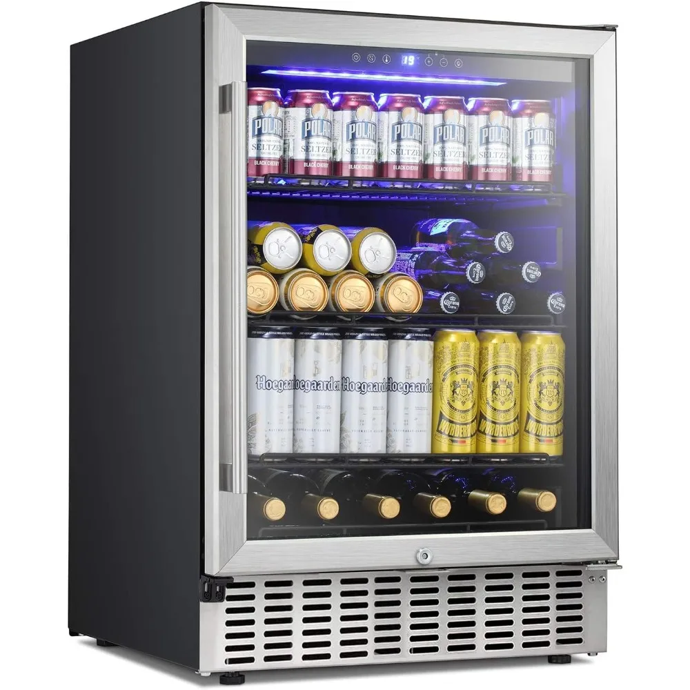 

24 Inch Beverage Refrigerator Under Counter Built-in Wine Cooler Mini Fridge Clear Glass Door Digital Memory Temperature
