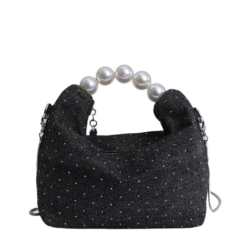 

Elegant Korean Pearls Denim Bag Square Rhinestones Denim Crossbody Bag Casual Small Women's Handbags Girls